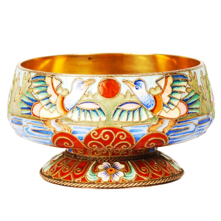 Russian Imperial Silver and Shaded Enamel Master Salt with Birds by Rückert