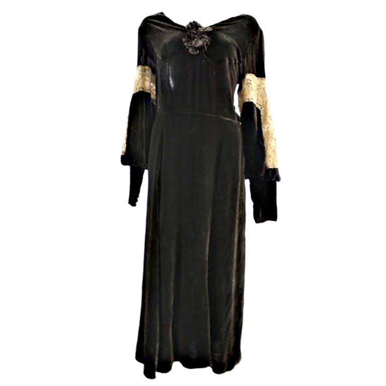 1930's Chocolate Silk  Velvet Tea Evening Dress