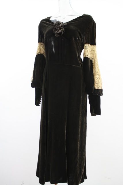 Women's 1930's Chocolate Silk  Velvet Tea Evening Dress