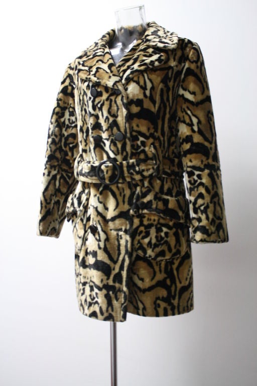 Women's Leopard Ocelot  1970's Faux Fur  Double Breasted Coat