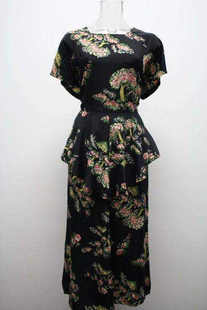 1940's Vintage Rayon Hand Painted Cherry Blossom Peplum Dress