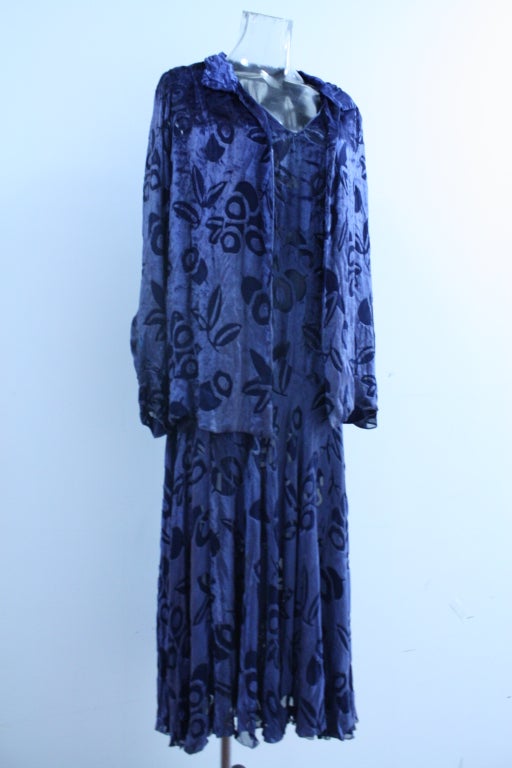Women's 1930`s Indigo Silk Velvet Devore Evening Dress with Blazer For Sale