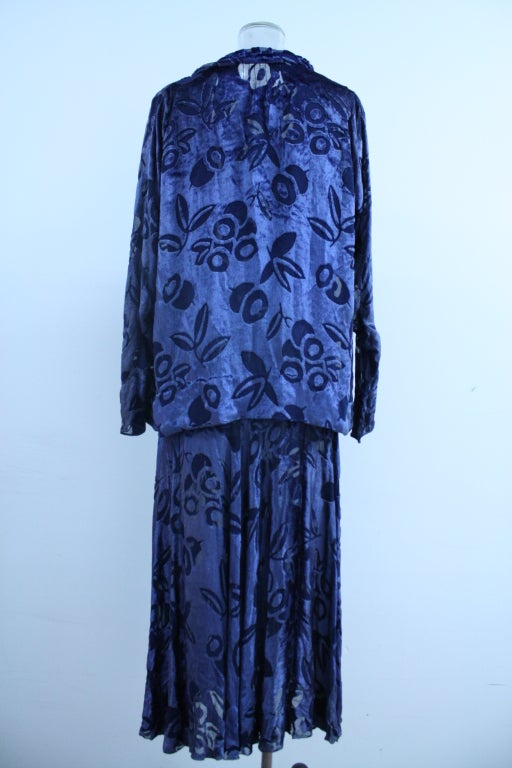 1930`s Indigo Silk Velvet Devore Evening Dress with Blazer For Sale 1