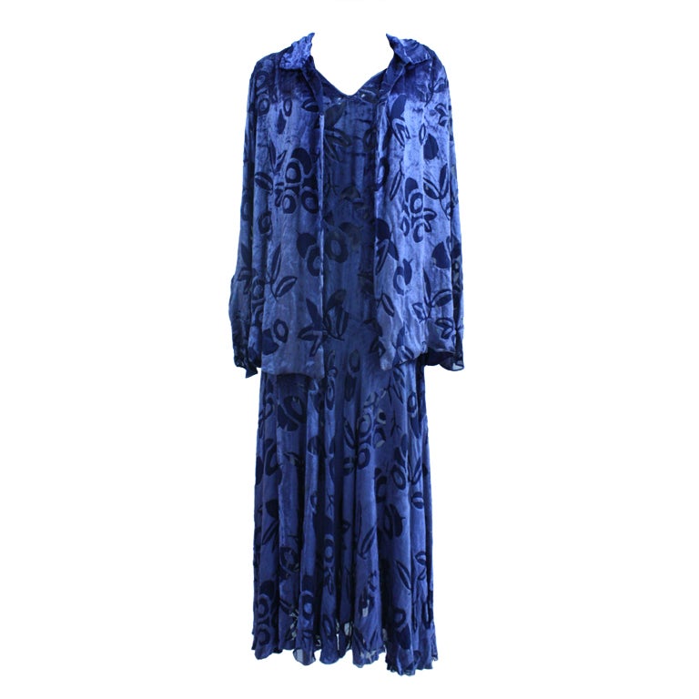1930`s Indigo Silk Velvet Devore Evening Dress with Blazer For Sale