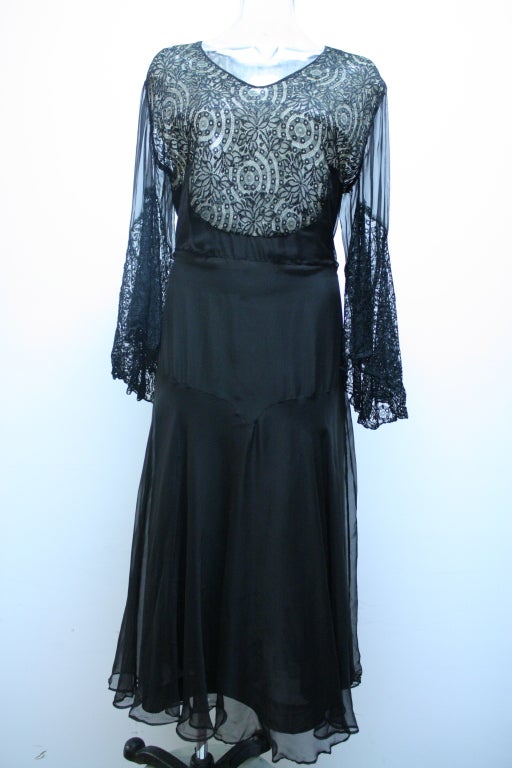 1930's Lace Tea Nude Silk Chiffon Illusion Dress