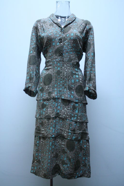 1940's Rayon Coco Blue Tailored Shirt Waisted Dress