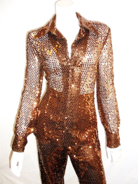 Very disco fabulous Oscar De la Renta  shirt and pants all covered in brown sequin. Button down pointy boy collar  shirt  Pristine condition. Straight leg High waist Pants. Stated sz 12 .