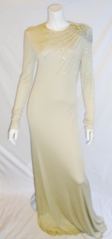 Mollie Parnis Boutique Beautiful Crystal embellished gown Circa 1970's. nude silk jersey with  asymmetric one shoulder all hand embellished crystals. Pristine condition. size 4-6
Free shipping
