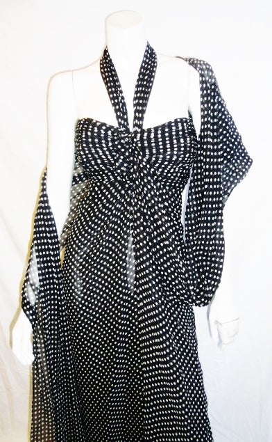 Women's Oscar De la Renta black /white polca dot   silk  grecian Chiffon Gown