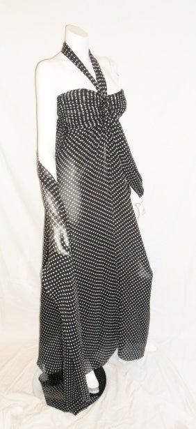 Oscar De la Renta black /white polca dot   silk  grecian Chiffon Gown 2