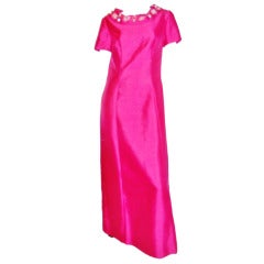 Vintage fuchsia gown with crystal embellished collar 1960's