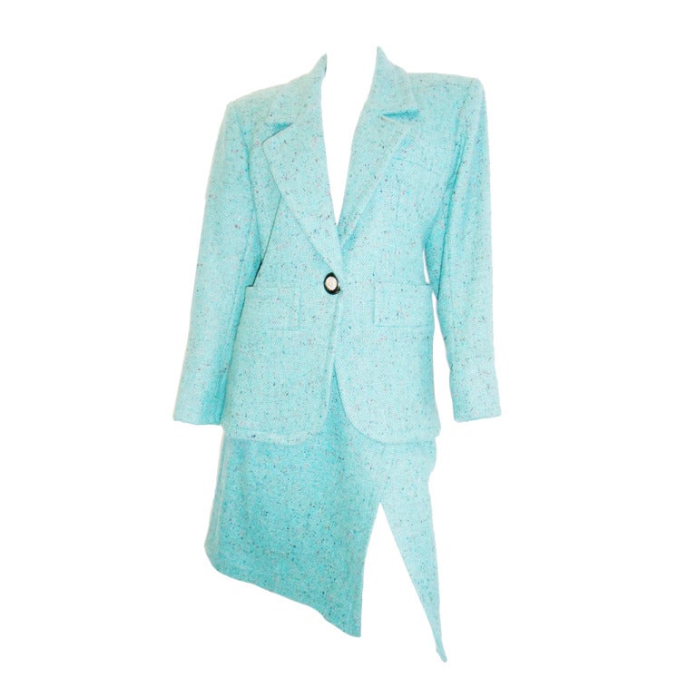 YVES SAINT LAURENT Rive Gauche  Vintage turquoise  Tweed skirt suit For Sale