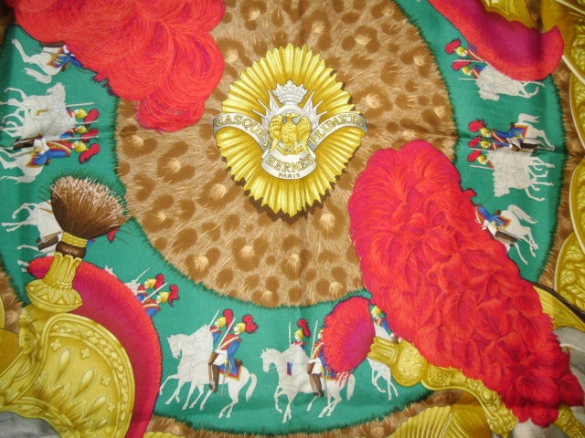 Authentic Hermes Silk Scarf Casques Et Plumets By Julia Abadie In Excellent Condition For Sale In New York, NY