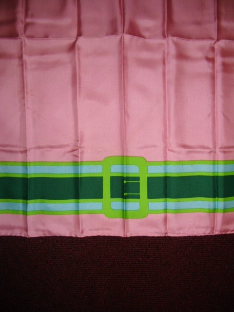 Beautiful Authentic Roberta di Camerino Vintage Silk Scarf. Hand rolled edges. Pristine condition. Beautiful colors. Pink with purple border and green belt print .size 34 by 34 inches