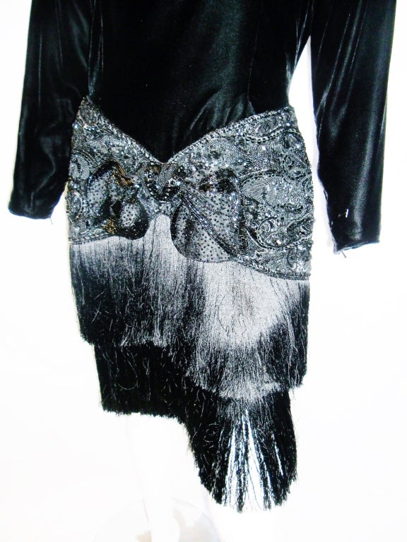 Incredibly Beautiful Vintage 20's inspired vintage dress by Shirley Leonard London. Silky velvet with heavily hand  beaded lace with bugle beads, jet beads and black crystals. Silk embroidered thread.  hair thin silk three tiers of fringes skirt