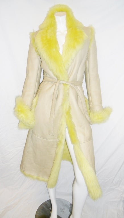 Spectacular vintage  long hair Gianni Versace Shearling fur coat. Couture line. Original Versace design. . Belted and with matching hat. Size small.  hat diameter 11