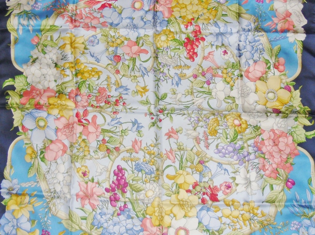 Gorgeous silk twill scarf by Gucci. Navy Blue trim with wildflowers Incredibly detailed. 35