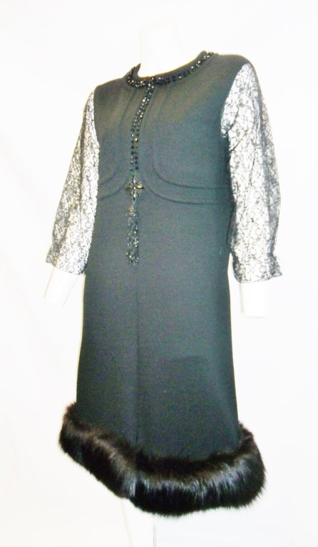 Adele Martin Spectacular Cocktail  Dress with Fox Fur Trim 1960's