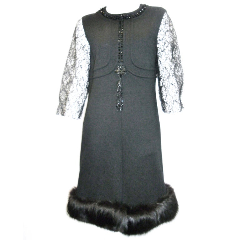 Adele Martin Spectacular Cocktail  Dress with Fox Fur Trim 1960
s