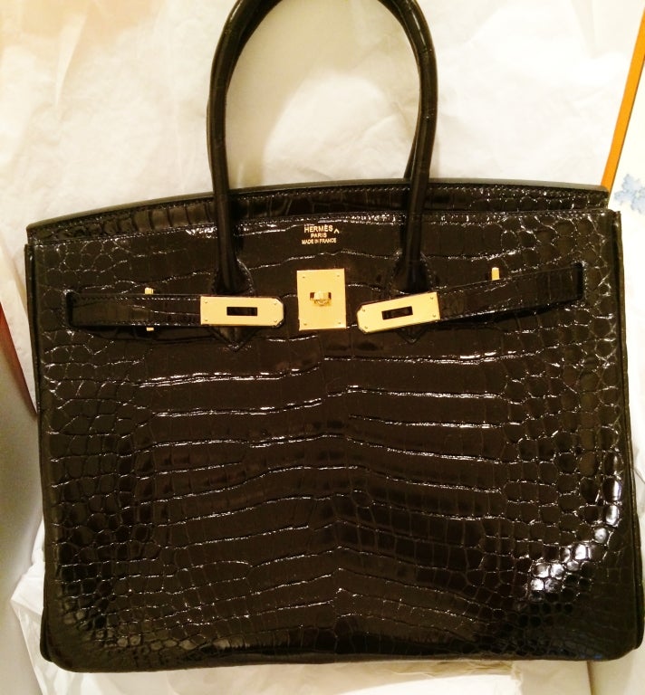 Women's Birkin Hermes Bag Black Shiny Niloticus Crocodile 35cm
