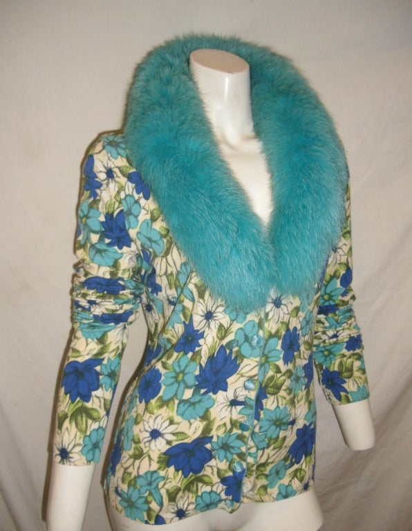Blumarine turquoise Sponge cardigan sweater with Fox Fur Collar In New Condition In New York, NY