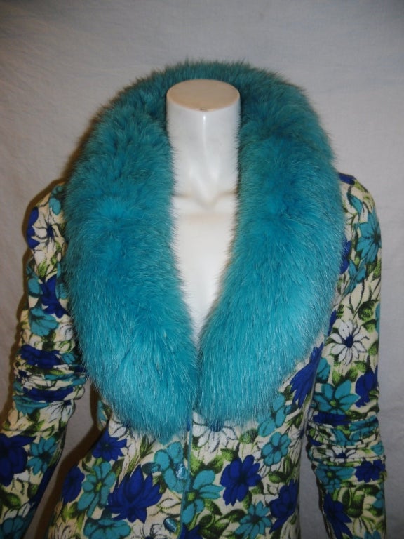 Women's Blumarine turquoise Sponge cardigan sweater with Fox Fur Collar