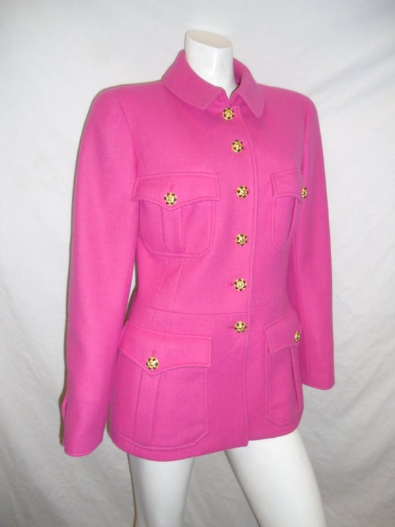 50% OFF Hot Hot Hot Pink wool Vintage Chanel  Pea coat / jacket military or safari style ?? I was not quite sure so i will let you decide. In any case truly beautiful. Front  pored glass buttons closure. Lapel pockets .Perfect mild weather  piece.