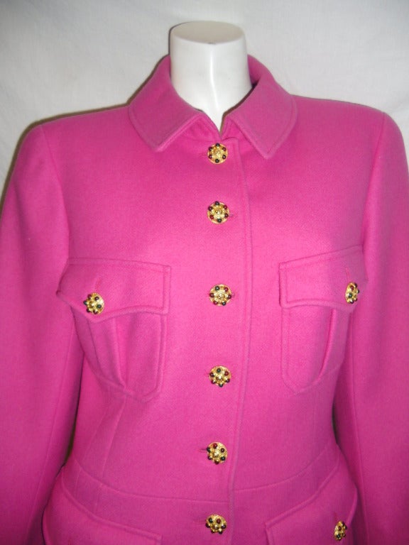 SALE!! Chanel Hot Pink Pea Coat Jacket with Jeweled Buttons size 44 at ...
