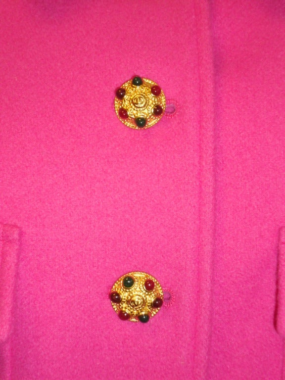 SALE!! Chanel Hot Pink Pea Coat Jacket  with Jeweled Buttons size 44 In Excellent Condition In New York, NY