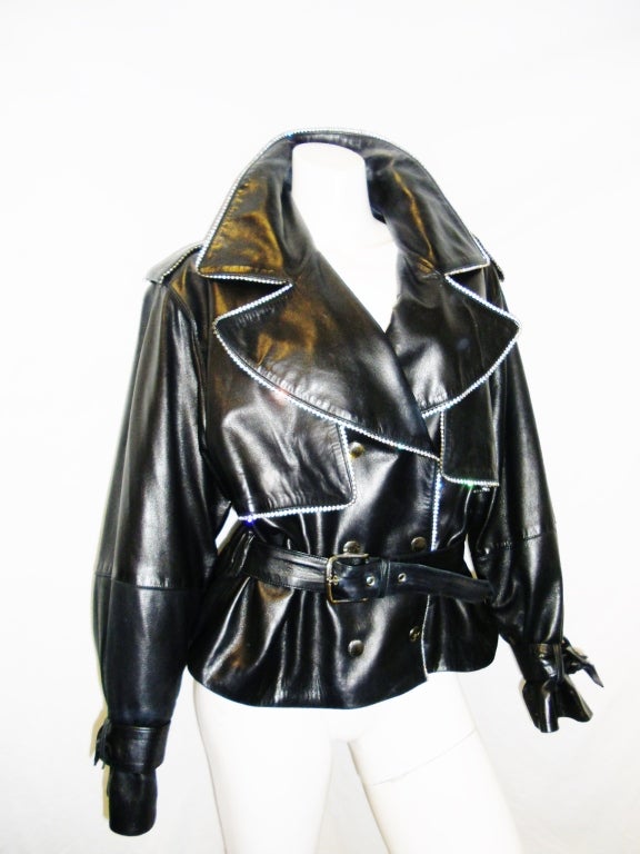 SALE ! CHARLES JOURDAN leather Bike  jacket with rhinestones trim In Excellent Condition In New York, NY