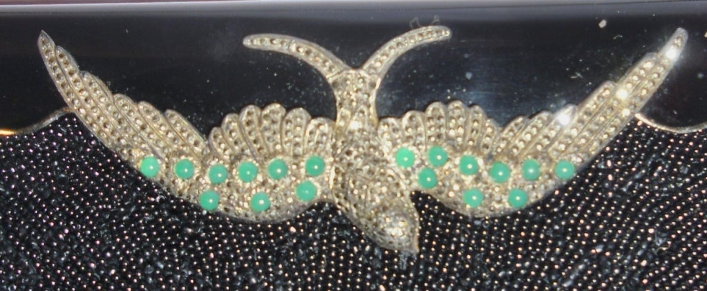 Vintage Black Caviar Beads evening  Bag  with silver and emerald Bird In Excellent Condition For Sale In New York, NY