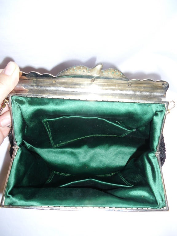 Vintage Black Caviar Beads evening  Bag  with silver and emerald Bird For Sale 1