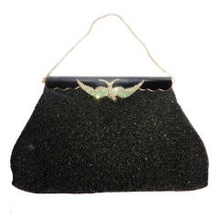 Vintage Black Caviar Beads evening  Bag  with silver and emerald Bird