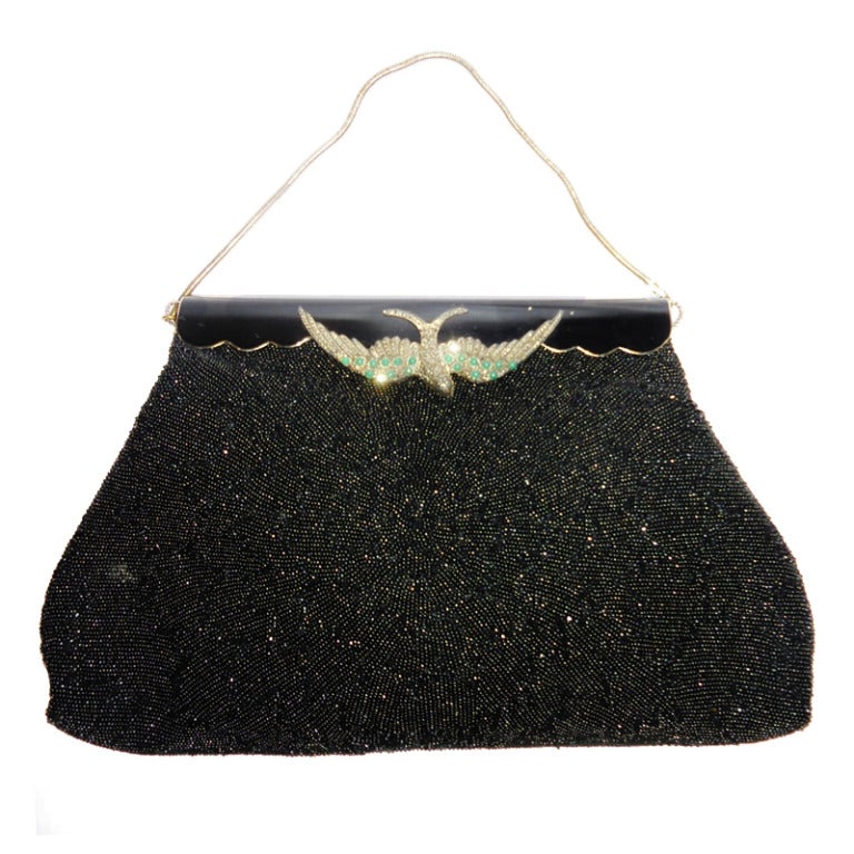 Vintage Black Caviar Beads evening  Bag  with silver and emerald Bird For Sale