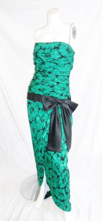 Women's Bill Blass Emerald Green  Vintage Silk  Rushed Evening  Corset  Gown For Sale