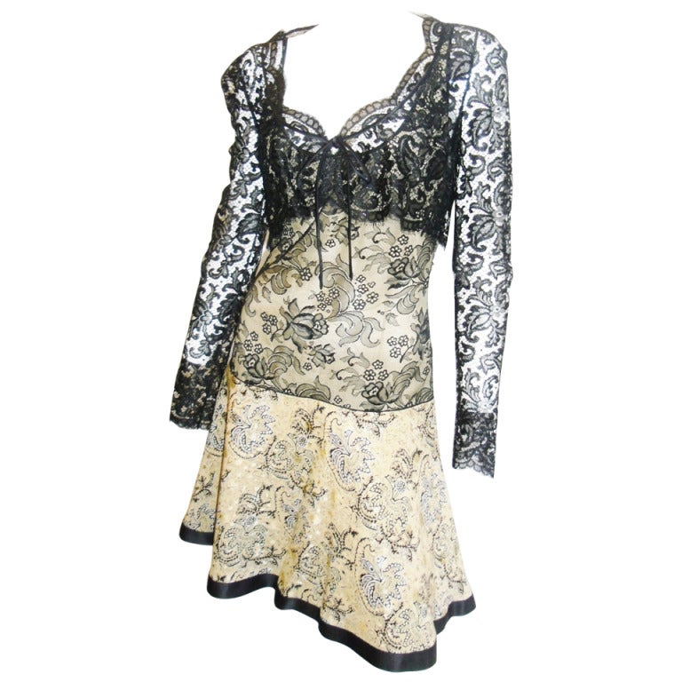One of a kind Galanos silk/ lace cocktail  dress with lace Bolero