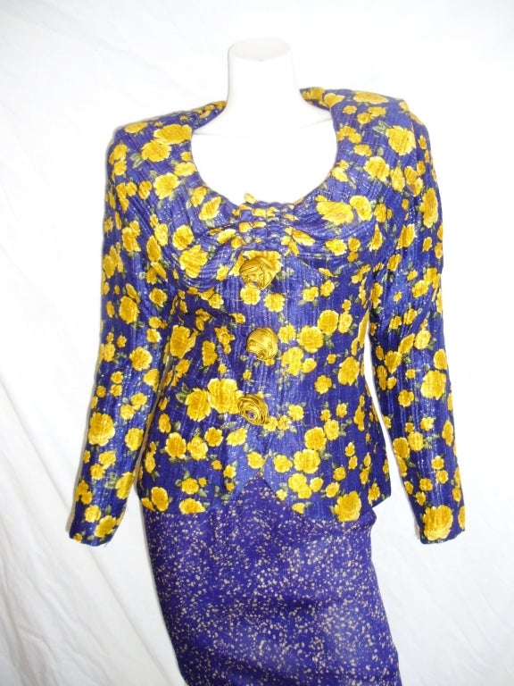 Purple Galanos Silk chiffon  roses print skirt suit For Sale