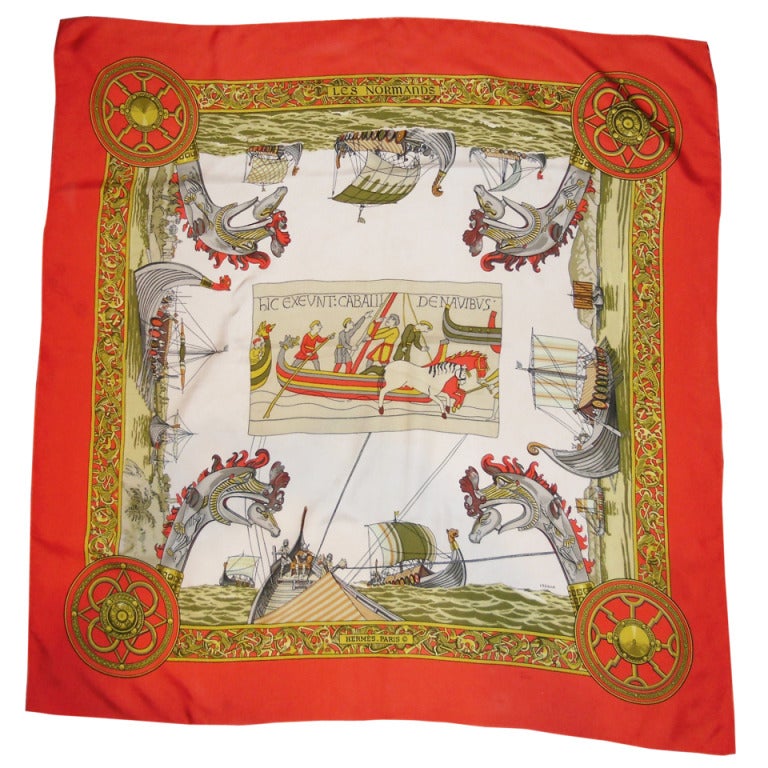 Hermes Rare "Les Normands" silk scarf by Philippe Ledoux  1971 For Sale