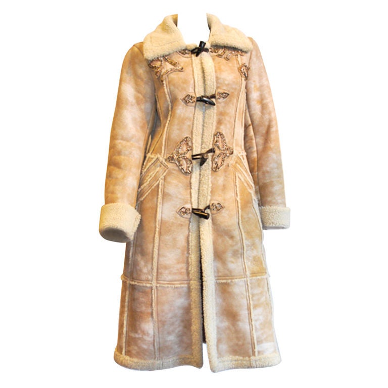 Prada New Sheepskin Toggle Shearling Fur Coat sz 6 For Sale