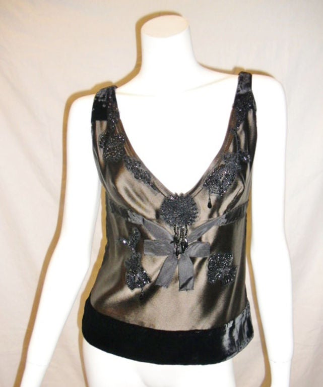 Spectacular Brand New With Tags and whooping price of $2710 Prada Beaded Evening Top Blouse. Heavy dark brown silk with Black silk velvet trim. Hand beaded and sewed on appliques. Side hidden zipper. Size 44