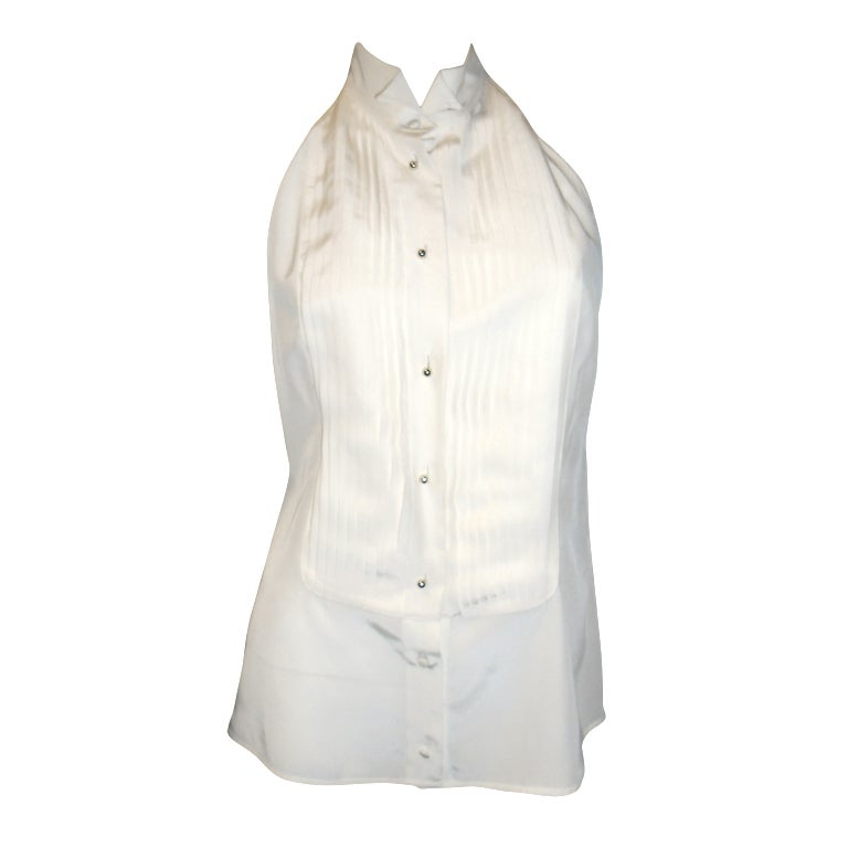 YVES SAINT LAURENT Rive Gauche halter tuxedo silk blouse