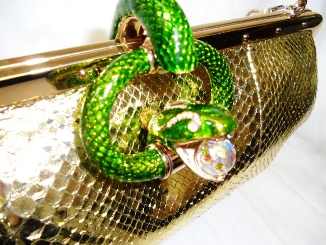 Women's Rare Gucci Tom Ford Gold Python Green Enamel Snake Handbag