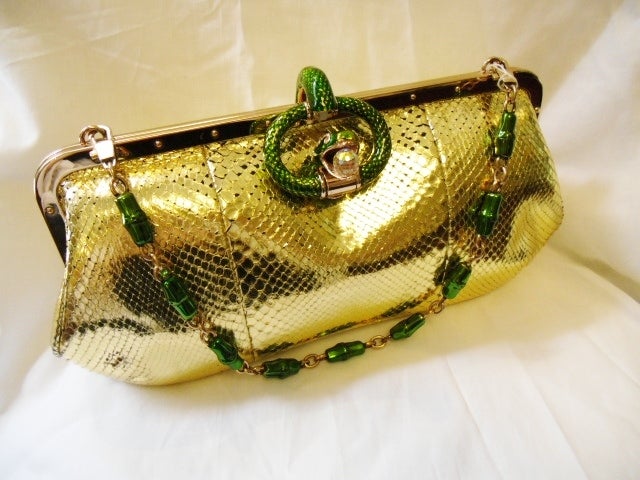 Rare Gucci Tom Ford Gold Python Green Enamel Snake Handbag 1