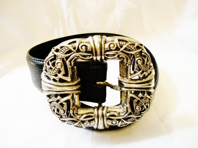 Chrome Hearts black leather belt with sterling silver belt buckle
    Leather stamped 