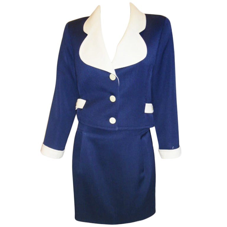 Vintage Courreges Navy White Skirt Suit For Sale