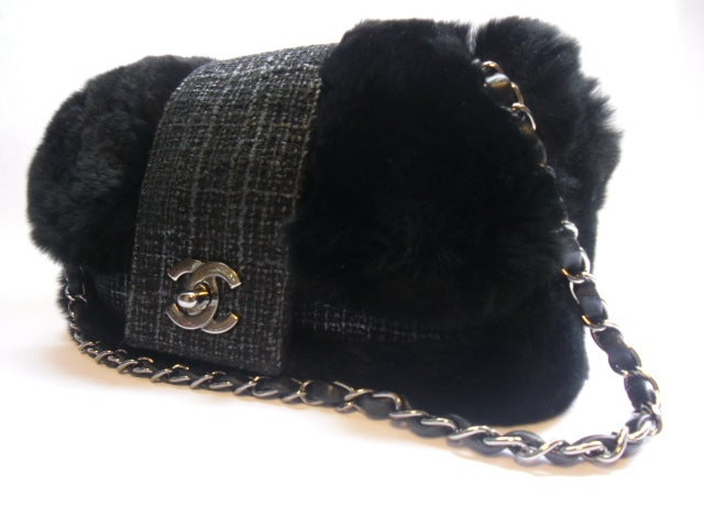 Women's Coco Chanel  2.55 leather tweed fur bag