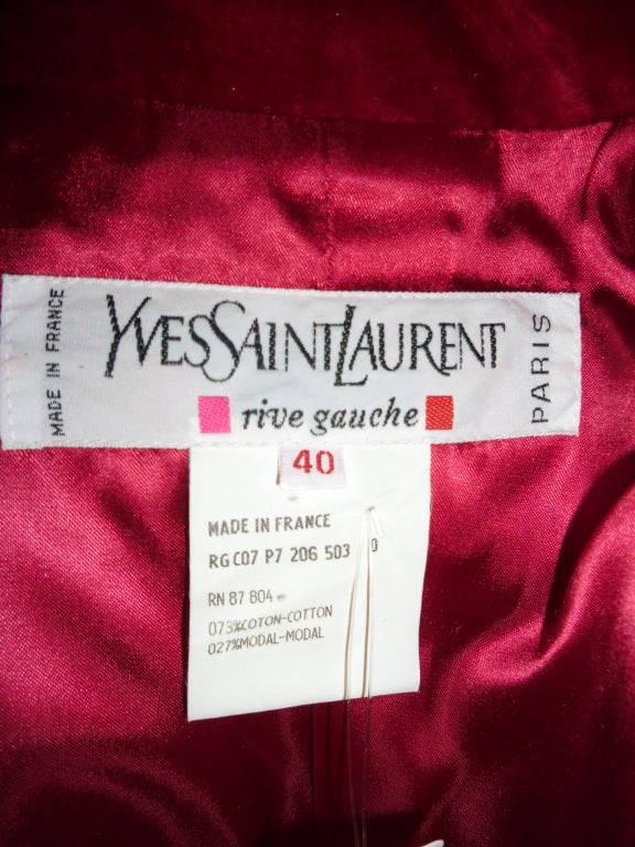 YVES SAINT LAURENT Red Velvet belted  Coat For Sale 2