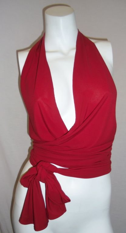 Sexy and Flirty Norma Kamali Vintage Red Halter Jersey Wrap blouse Top. Pristine condition without any sign of ware. Size Medium