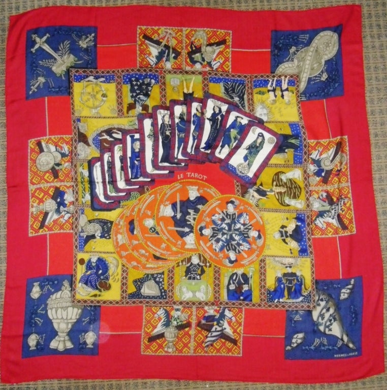 Annie Faivre 	1991, Annie Faivre, Cashmere, GM, Mythology Fantasy cashmere and silk scarf. 
Colors : Red, Gold , blue 
140 by 140
54 inches by 54 inches