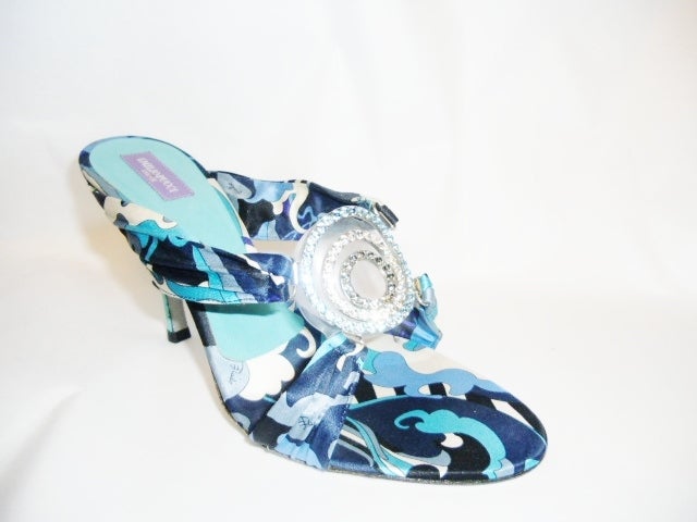 New Emilio Pucci Blue Sandals Rhinestone Details> leather heel 4 inches. size  37.5